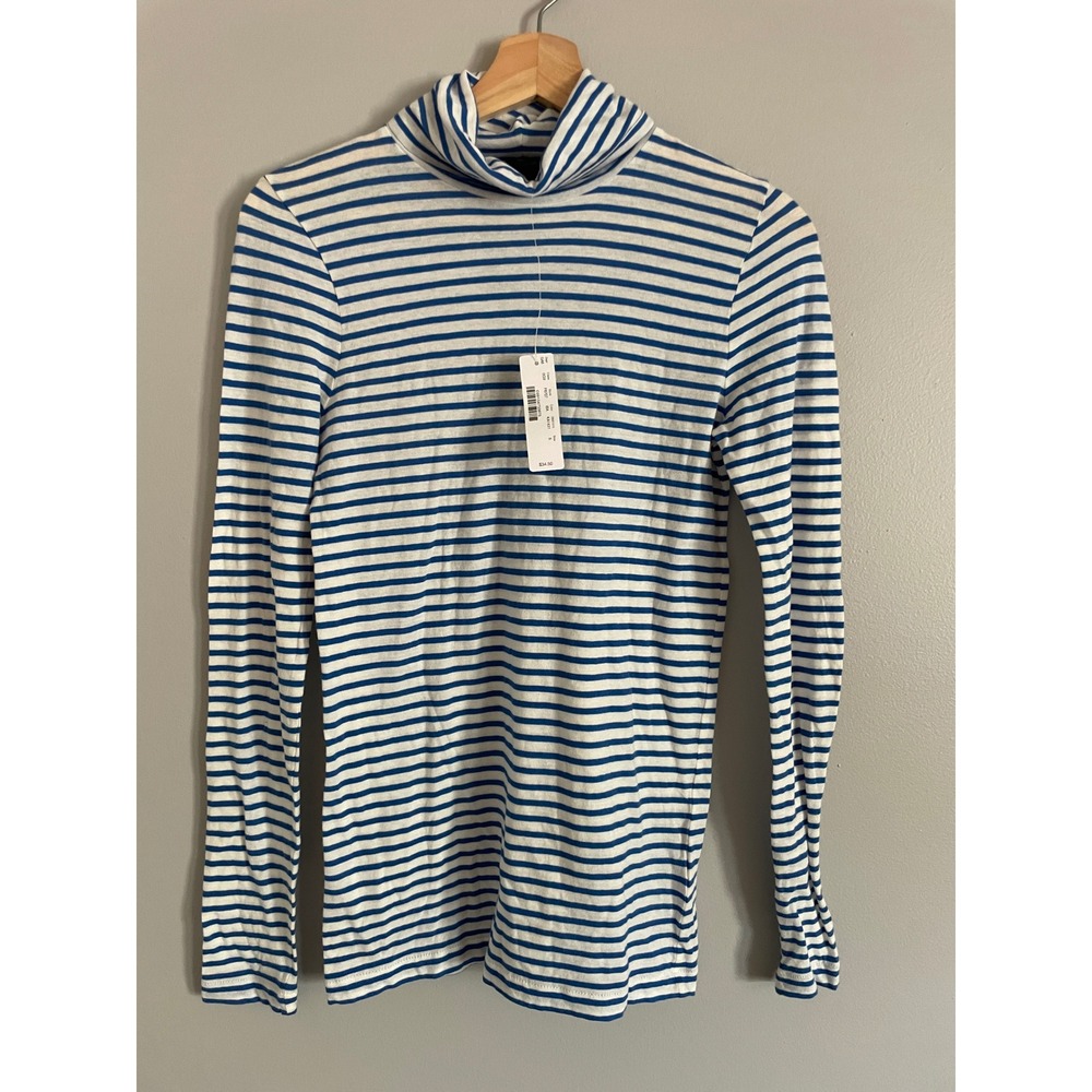 J.Crew Turtleneck Top Womens Small Blue White Striped Cotton Long Sleeve Preppy